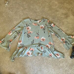 Long sleeve blouse. Light army green with pink flowers and brown stems